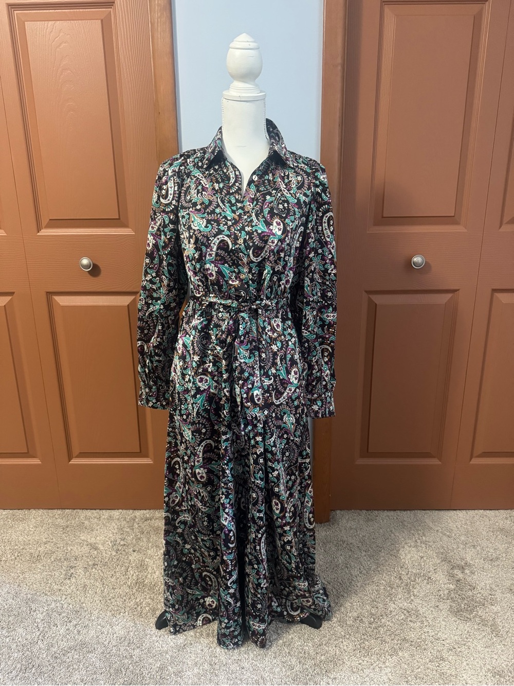 Ann Taylor Black Paisley Maxi Dress with Teal & White Accents